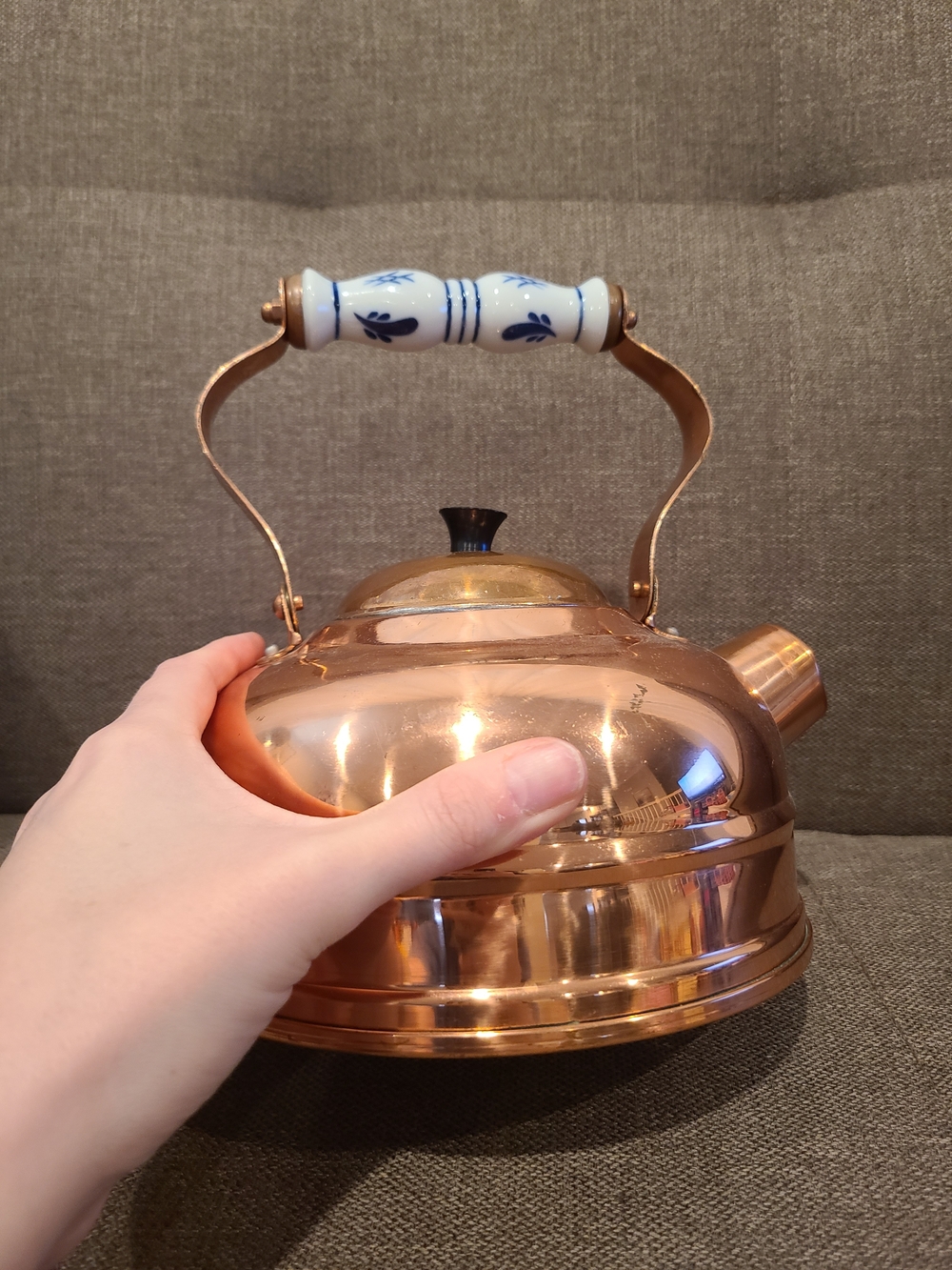 Vintage Copper Stovetop Kettle with Blue and White Handle - Grandma core